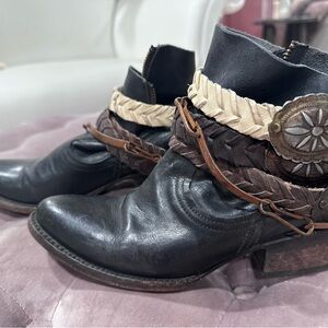 freebird Black Leather Ankle Boots with Braided Neutral Straps
